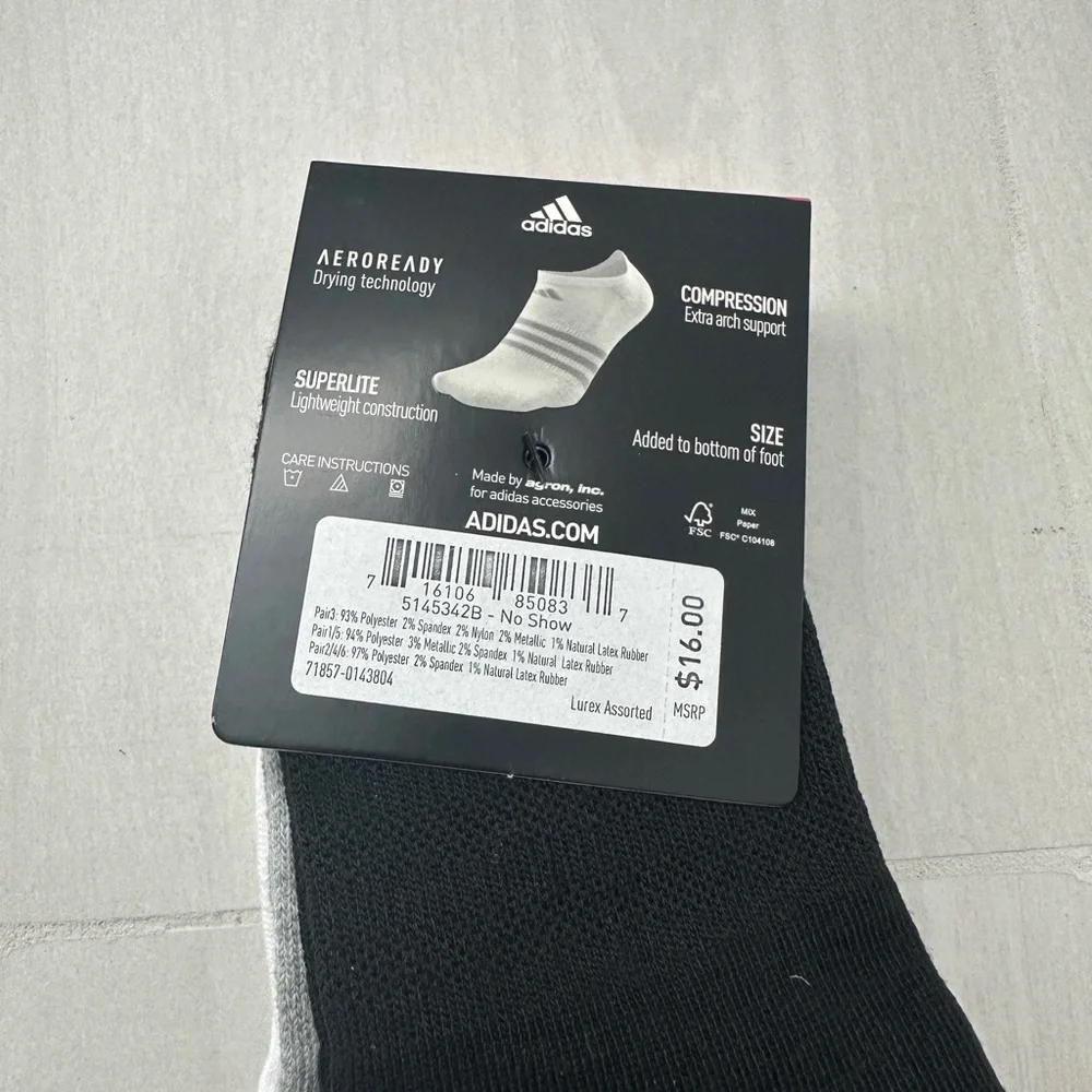 NWT Adidas Girl's Superlite Socks 6 Pair No Show Size M White Black Gray RARE